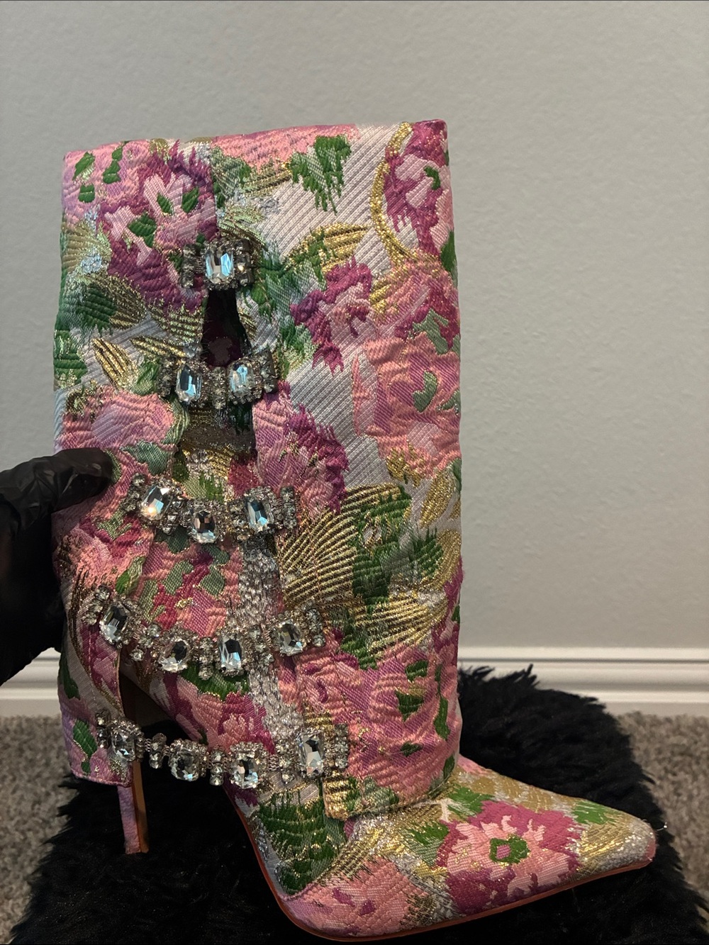 Azalea Wang Pink Floral Crystal-Embellished Pointed-Heel Boot - Picture 3 of 6